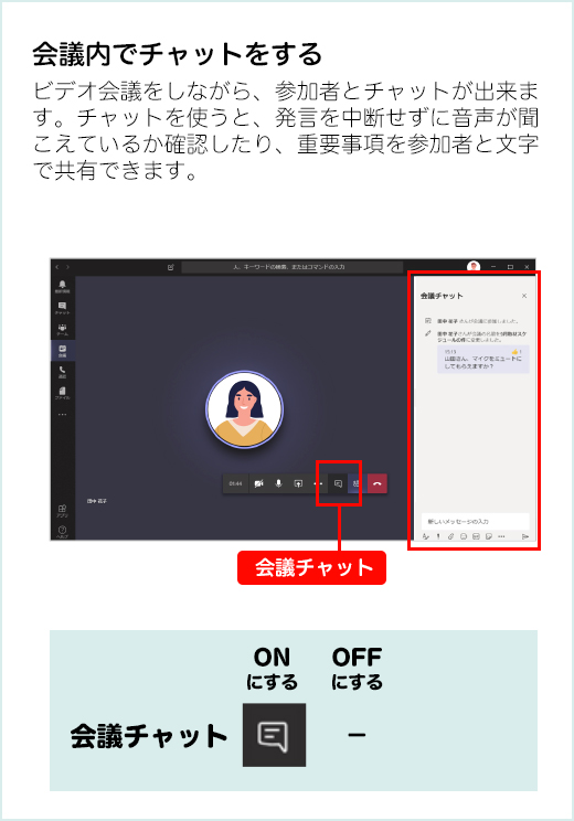 会議内でチャットをする ビデオ会議をしながら、参加者とチャットが出来ます。チャットを使うと、発言を中断せずに音声が聞こえているか確認したり、重要事項を参加者と文字で共有できます。